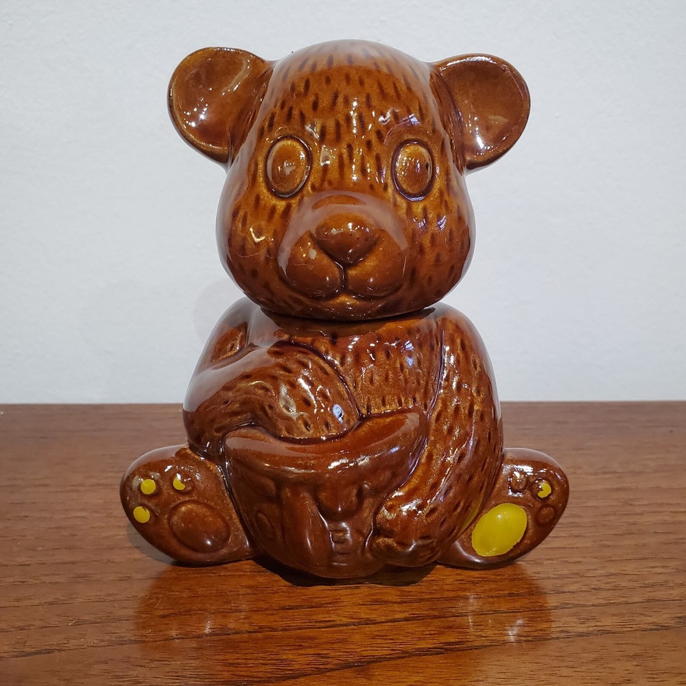 Vintage Hand Painted Honey Bear‎ Jar With Lid without dipping stick